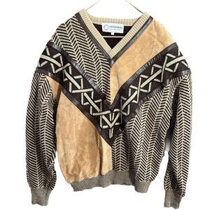 Deerskin Trading Post Sweater Large Wool Suede Brown V Neck Southwestern Vtg